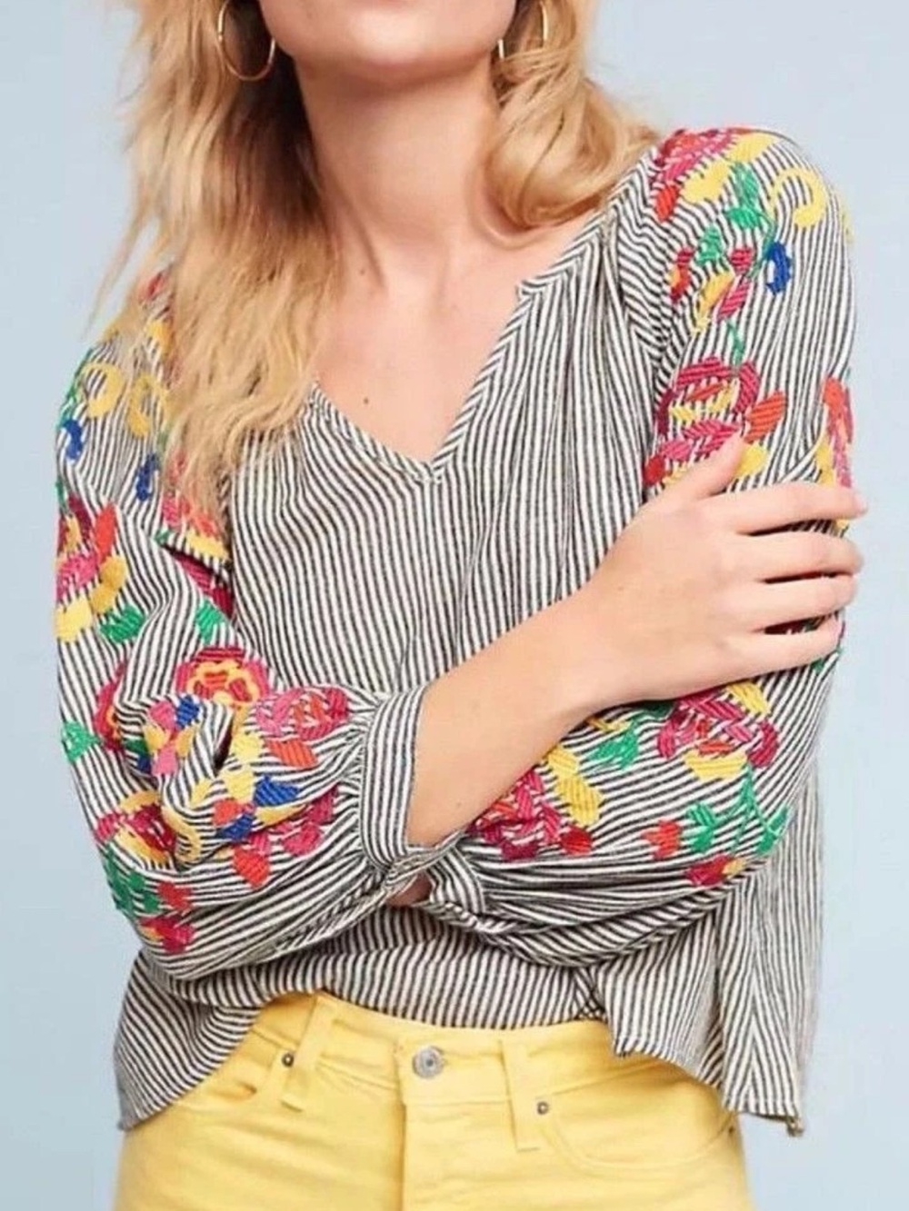 Anthropologie Floreat Striped Embroidered Floral Balloon Sleeve Tassel Back Top